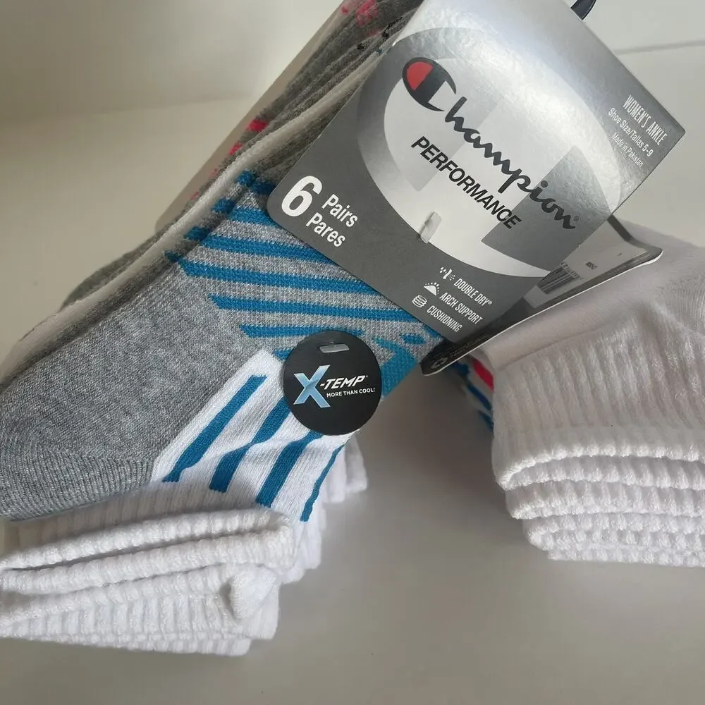 12 Pairs Champion womens Double Dry Performance Ankle Socks Blue‎ & White